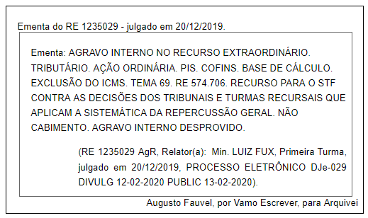 Ementa do RE 1235029 julgado em 20.12.2019